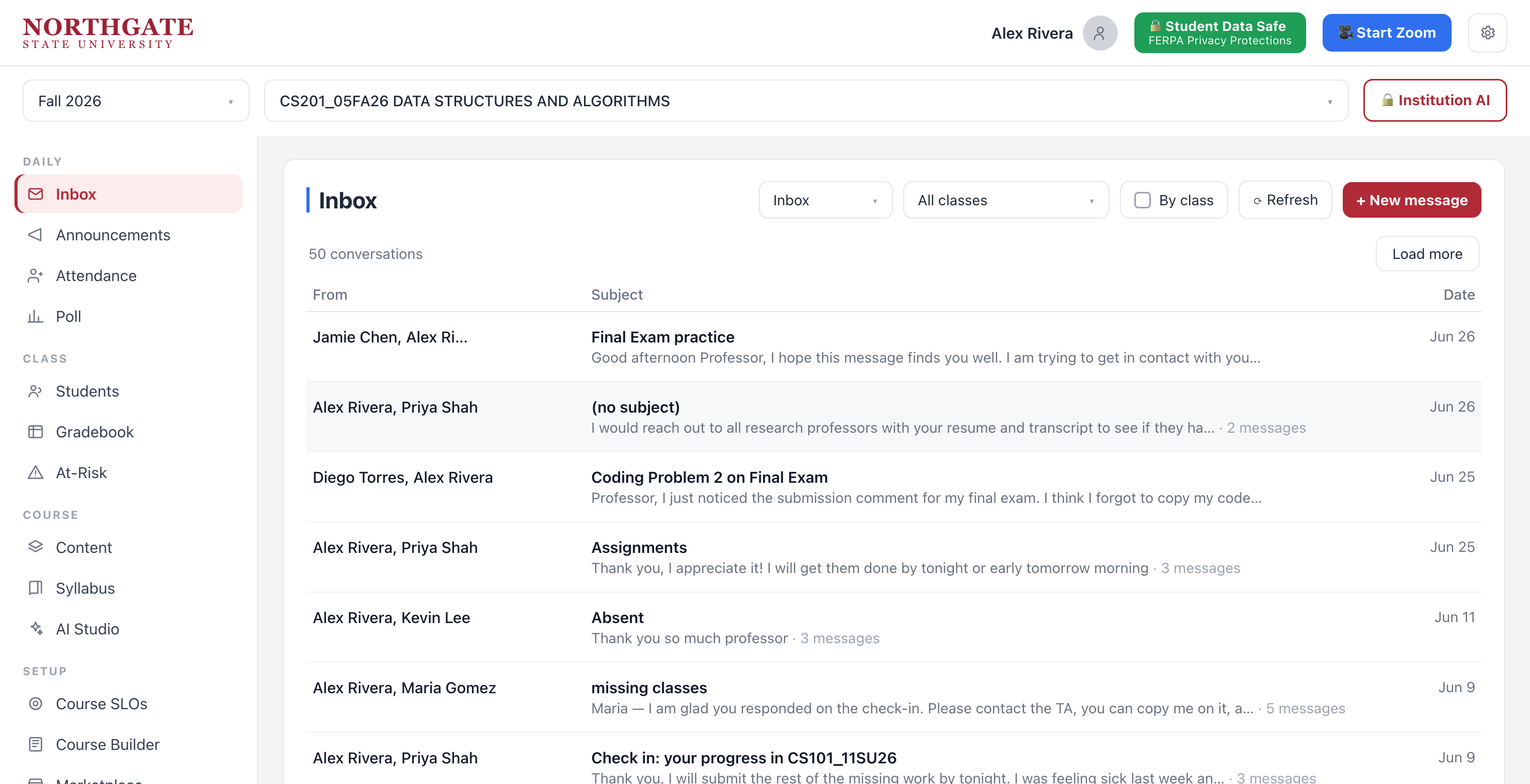 Student message inbox with FERPA privacy badge and per-class filters